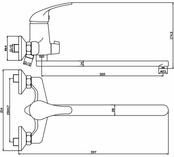 Смеситель для ванны и умывальника ARGO JAMAICA TECH d-40, L-обр., 325 мм, 40-L35/K JAMAICA-S