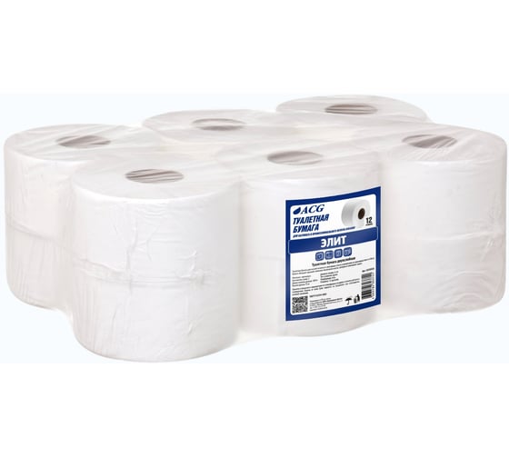 Бумага туалетная ACG Элит 2 сл.,160 м, белая целлюлоза на втулке, 12 рулонов, 1020920