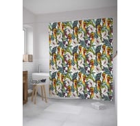 Штора (занавеска) для ванной JoyArty "Тропические птицы" из сатена, 180х200 см с крючками, sc_32247
