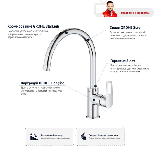 Смеситель для мойки с высоким C-образным изливом GROHE BauLoop 31368001