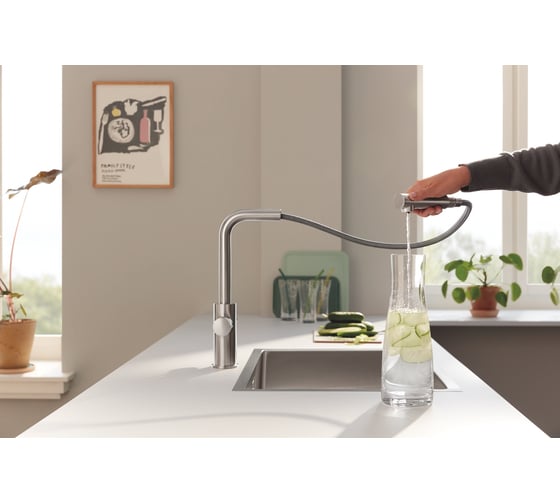 Смеситель для кухонной мойки Grohe Blue Pure Minta c вытяжным изливом, функцией фильтрации, без фильтра в комплекте, суперсталь 30590DC0