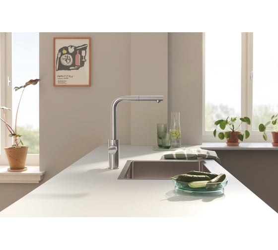 Смеситель для кухонной мойки Grohe Blue Pure Minta c вытяжным изливом, функцией фильтрации, без фильтра в комплекте, суперсталь 30590DC0