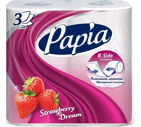 Туалетная бумага PAPIA HAYAT Клубничная мечта 3 слоя, 4 рулона, белая 1/14