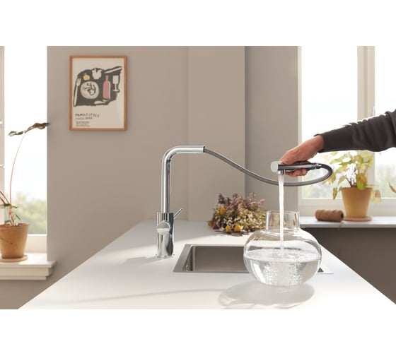 Смеситель для кухонной мойки Grohe Blue Pure Minta c вытяжным изливом, функцией фильтрации, без фильтра в комплекте, хром 30590000