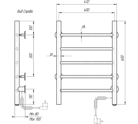 Полотенцесушитель электрический Domoterm Классик DMT 109-5 40x60 EK R, диммер, хром, 4680419503239