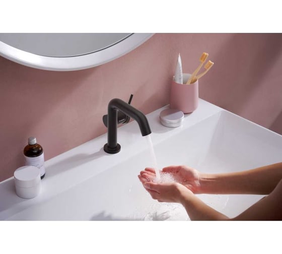 Смеситель для раковины Hansgrohe Tecturis S 110 Fine CoolStart EcoSmart+, однорычажный, со сливным гарнитуром Push-Open, матовый черный 73320670