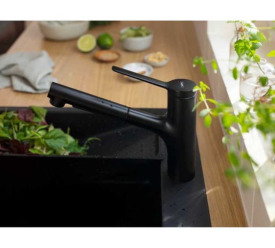 Кухонный смеситель однорычажный Hansgrohe Zesis M33 150 с вытяжным душем 2jet, sBox lite, матовый черный 74803670