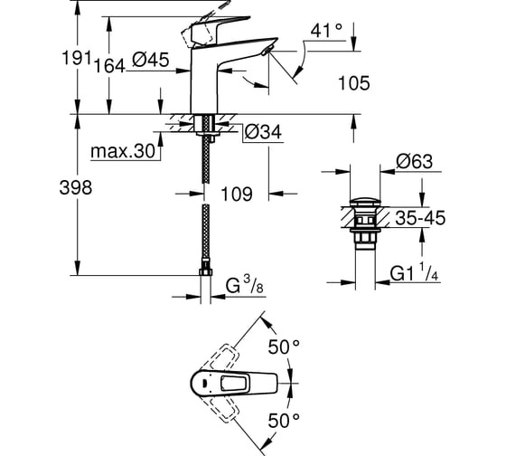 Смеситель для раковины Grohe BauLoop с нажимным донным клапаном, M-Size, хром 23886001