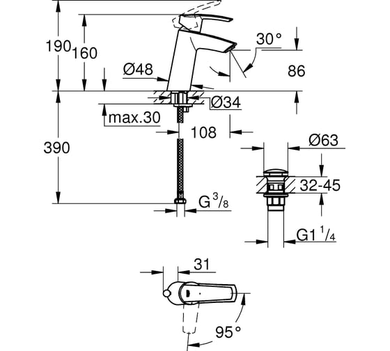 Смеситель для раковины GROHE Start 2015 с нажимным донным клапаном M-Size, 5,7 л/мин 23746001