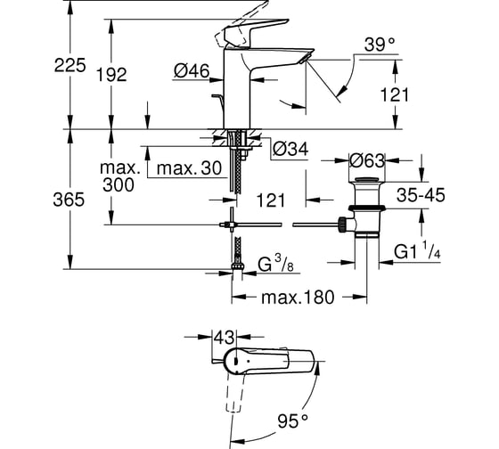 Смеситель для раковины GROHE Start с рычажным донным клапаном 23552002
