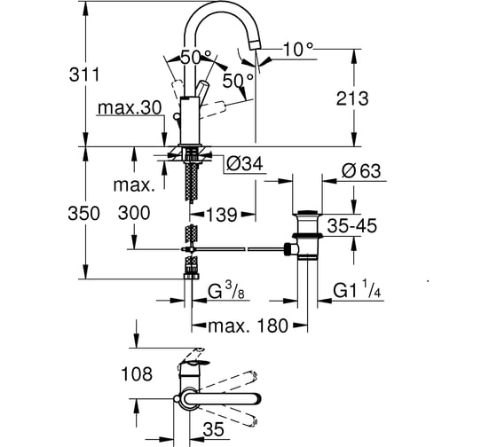 Смеситель для раковины GROHE Start New L-Size, донный клапан 23554001
