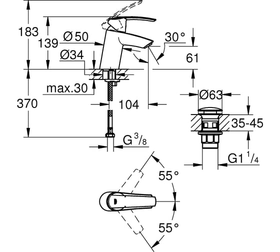 Смеситель для раковины GROHE Start New S-Size, донный клапан 23550001