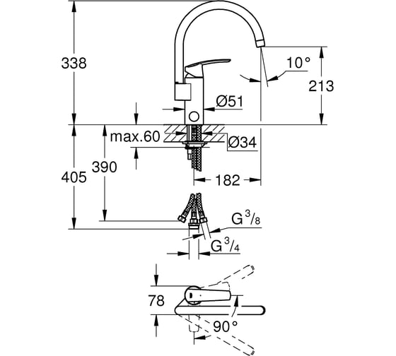 Смеситель для мойки GROHE Start NEW с запорным вентилем 30262001