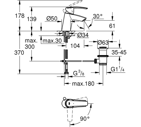 Однорычажный смеситель для раковины GROHE Start с донным клапаном 31137001