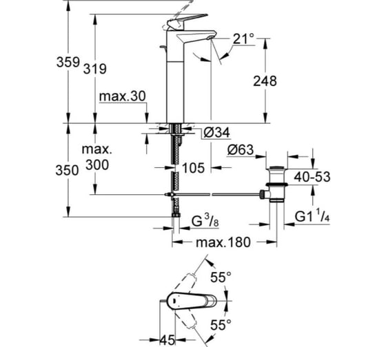 Смеситель для раковины для свободностоящих раковин Grohe Eurodisc Cosmopolitan 23055002