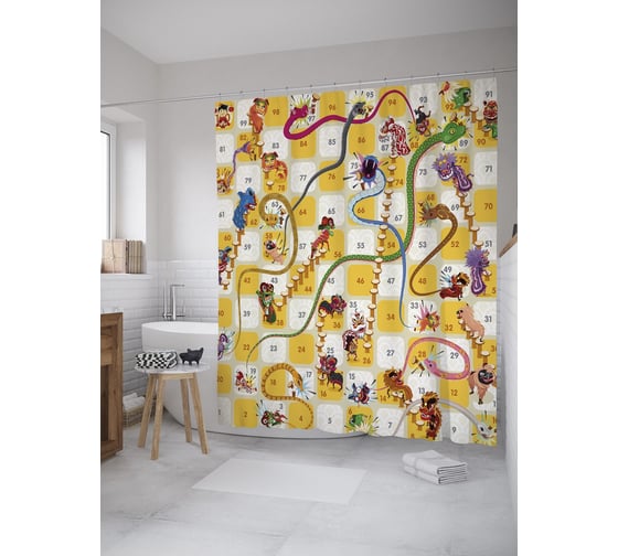 Штора (занавеска) для ванной JoyArty "Большая игра монстров" из сатена, 180х200 см с крючками, sc_39185 1