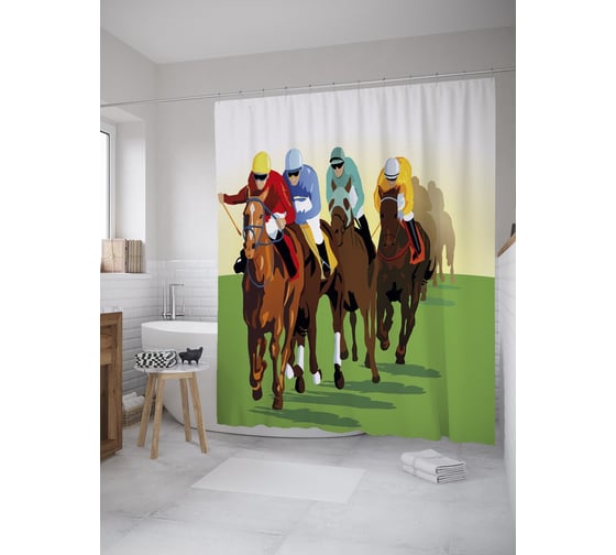 Штора (занавеска) для ванной JoyArty "Лошадиные скачки" из сатена, 180х200 см с крючками, sc_39344 1