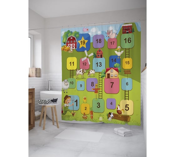 Штора (занавеска) для ванной JoyArty "Игра на ферме" из сатена, 180х200 см с крючками, sc_39188 1