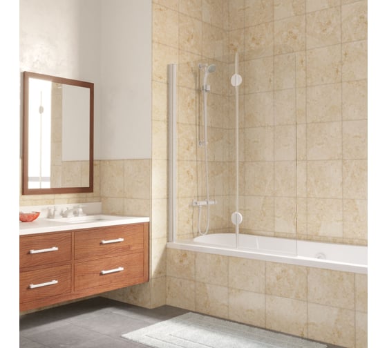 Шторка на ванную Vegas-Glass профиль белый, стекло прозрачное E2V LUX 120 01 01 L