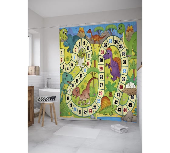 Штора (занавеска) для ванной JoyArty "Мезозойская игра" из сатена, 180х200 см с крючками, sc_39164 1