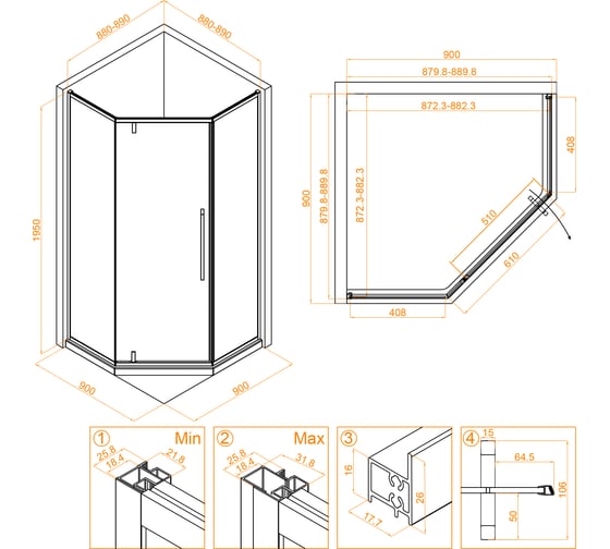 Душевой уголок RGW 90*90*195 SV-81-B, трапеция, черный, ппрозрачное стекло 6 мм, Easy Clean 32328199-14