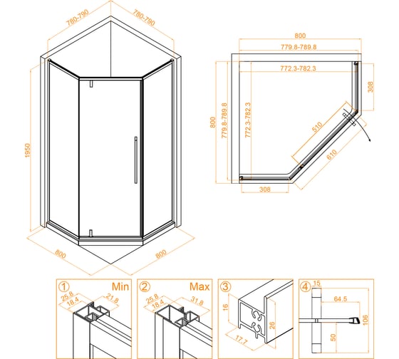 Душевой уголок RGW 80*80*195 SV-81, трапеция, хром, прозрачное стекло 6 мм, Easy Clean 32328188-11