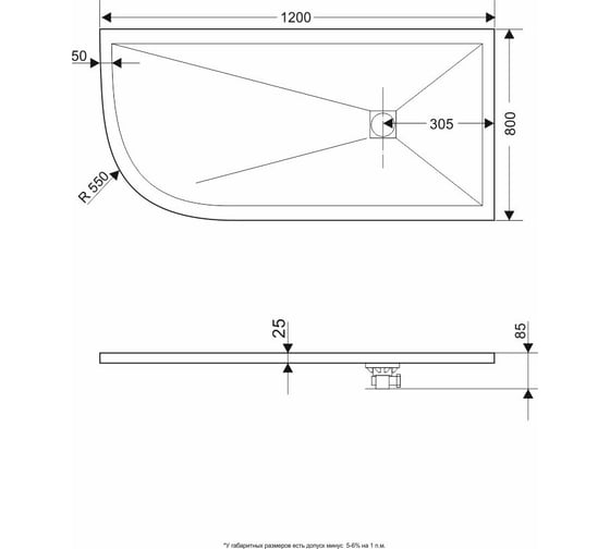 Душевой поддон RGW 80х120х2,5 ST/AR-0128G графит/асимметричный O 90 мм, каменный 16154128-02R