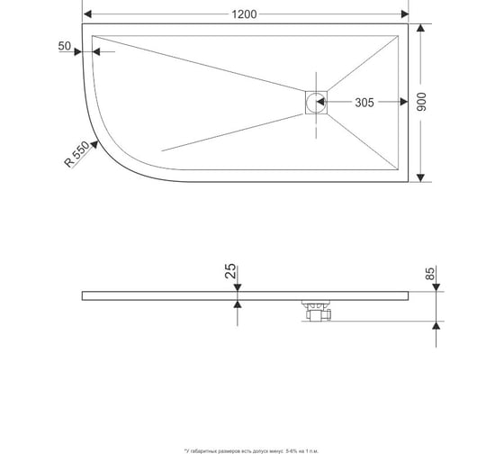 Душевой поддон RGW 90х120х2,5 ST/AR-0129G графит/асимметричный O 90 мм, каменный 16154129-02R