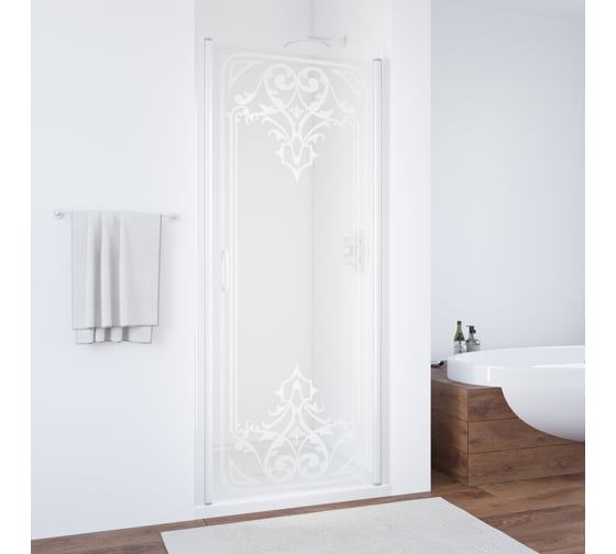 Дверь в душевой проем Vegas-Glass профиль белый, стекло прозрачное, рисунок матовый ЕР 60 01 ARTDECO D2 1