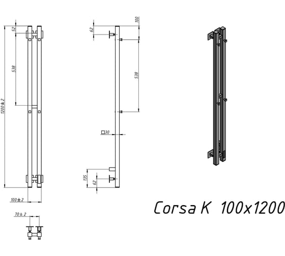 Полотенцесушитель электрический GROTA Corsa K 100x1200, хром матовый Corsa K 100х1200 NM EL