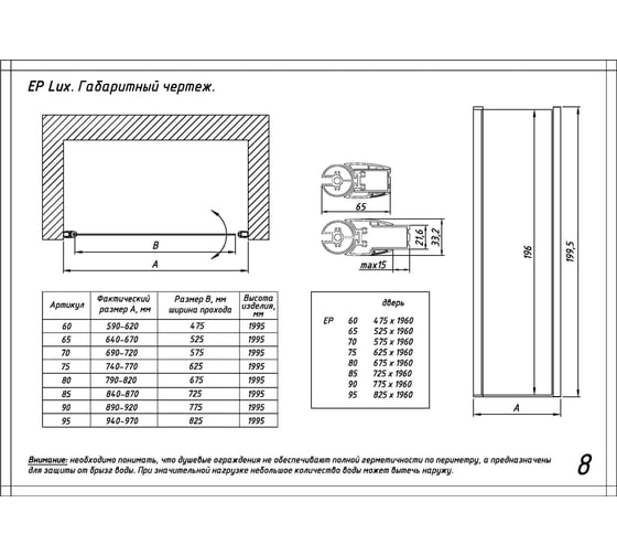 Дверь в душевой проем Vegas-Glass профиль матовый хром, стекло прозрачное EP LUX 75 07 01 R