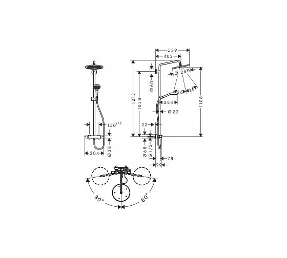 Душевая система с термостатом Hansgrohe 26890670 Croma Select S Showerpipe 280 1jet черный матовый 00062101