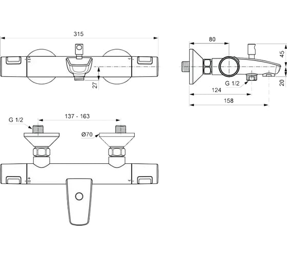 Настенный термостатический смеситель для ванны/душа Ideal Standard A7206AA Ceratherm T25 00061457