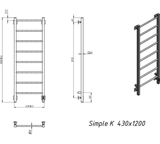 Электрический полотенцесушитель GROTA Simple K 430x1200 черный Simple K 430х1200 RAL9005 EL