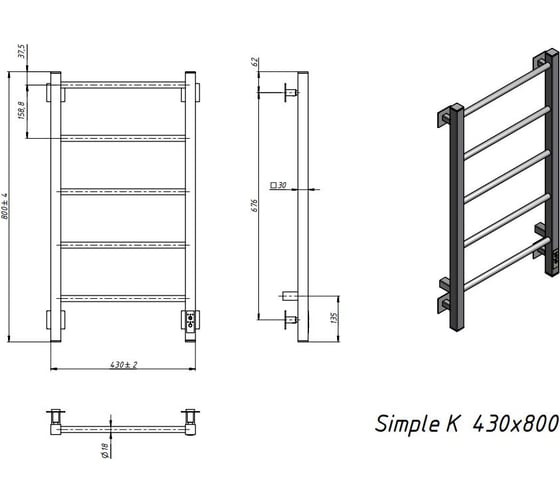 Электрический полотенцесушитель GROTA Simple K 430x800 черный Simple K 430х800 RAL9005 EL