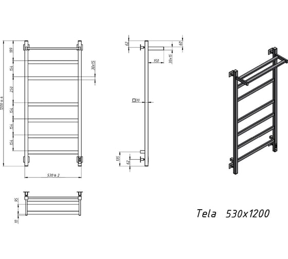 Электрический полотенцесушитель GROTA Tela 530x1200 черный Tela 530х1200 RAL9005 EL