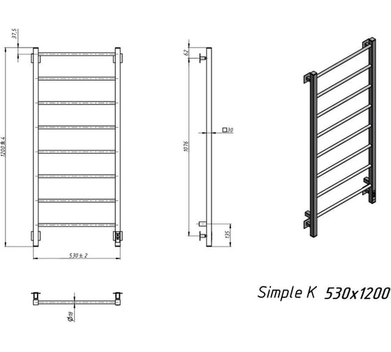 Электрический полотенцесушитель GROTA Simple K 530x1200 черный Simple K 530х1200 RAL9005 EL