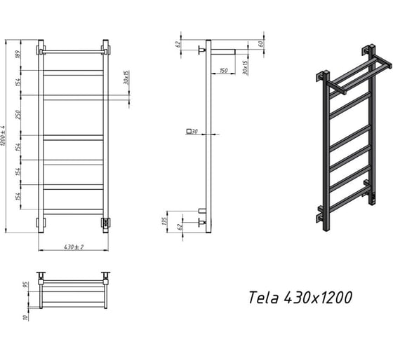 Электрический полотенцесушитель GROTA Tela 430x1200 черный Tela 430х1200 RAL9005 EL