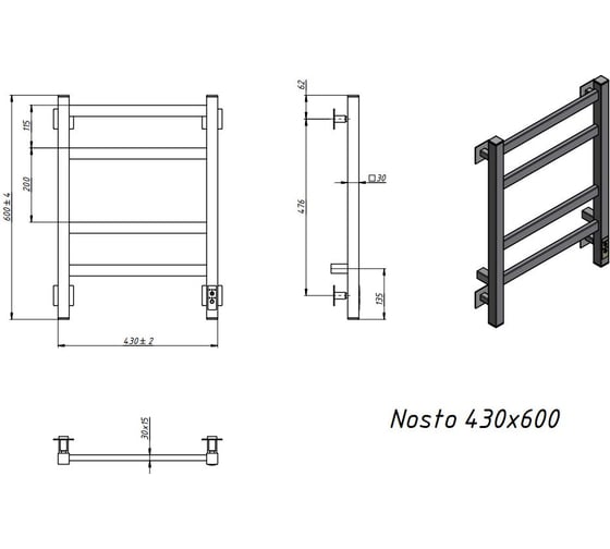 Электрический полотенцесушитель GROTA Nosto 430x600 черный Nosto 430х600 RAL9005 EL