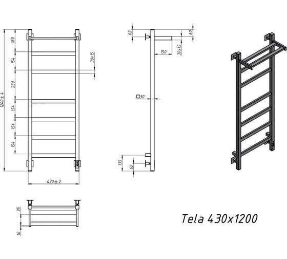 Электрический полотенцесушитель GROTA Tela 430x1200 белый Tela 430х1200 RAL9016 EL