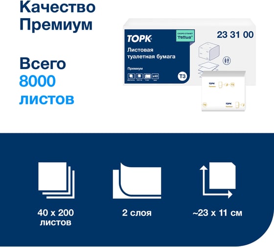 Листовая туалетная бумага Tork Торк, категория качества Премиум, 2-сл. система Т3, 40 пачек в упаковке 233100