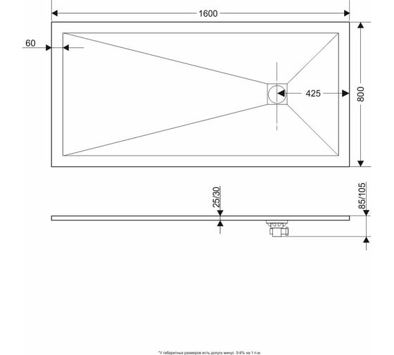 Душевой поддон RGW 80*160*2,5 ST-0168W Белый/Прямоуг O 90 мм Каменный 16152816-01