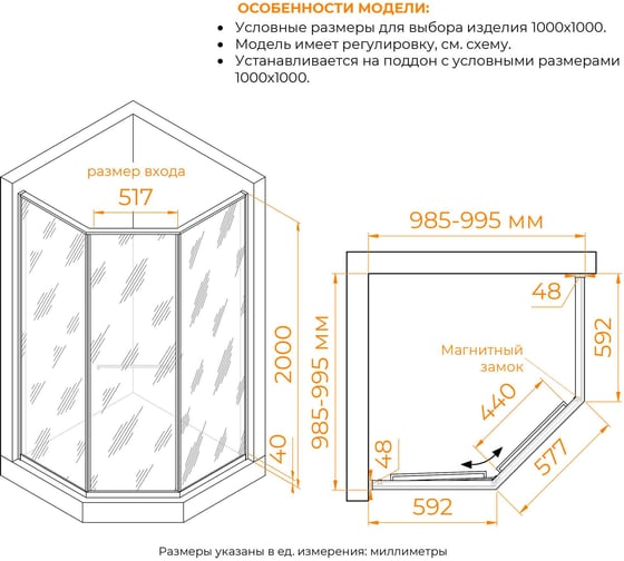 Душевой уголок RGW 100*100*200 SV-82 L трапеция, хром, прозрачное стекло 8 мм 33328200-11L