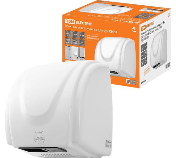Электрическая сушилка для рук TDM ELECTRIC СЭР-4, 230 В, 2100 Вт, 25 м/с, белая, SQ2506-0004