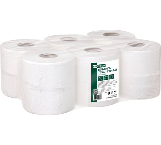 Бумага туалетная КЛИВЕР, 2слой, 160м, белый, 12 рулонов 1029130