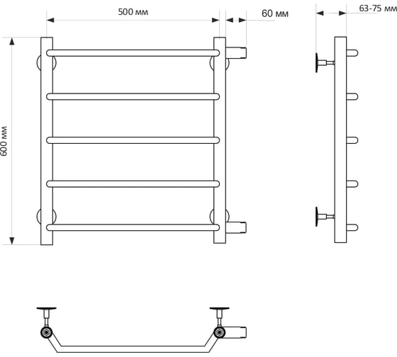 Полотенцесушитель MIXLINE MIRA 60x50x50 1'' НР, 5 перекладин, боковое подкл водяной 556286