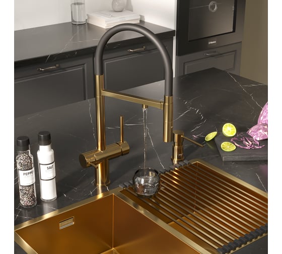 Смеситель для кухни Reflexion home Reflexion Lago с гибким изливом и подключением к фильтру, брашированное золото RX9901GD