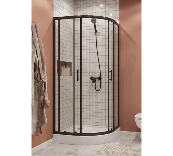 Душевое ограждение Santek Вэлия 90x90x195 см, форма 1/4 круга, раздвижные двери, черный профиль, стекло прозрачное 1WH501791