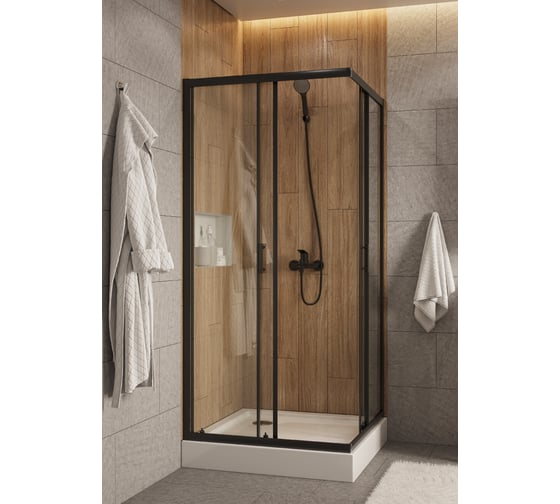 Душевое ограждение Santek Вэлия 80x80x195 см, форма квадрат, раздвижные двери, черный профиль, стекло прозрачное 1WH501788