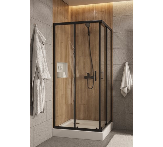 Душевое ограждение Santek Вэлия 80x80x195 см, форма квадрат, раздвижные двери, черный профиль, стекло прозрачное 1WH501788